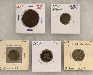 1822 Large Cent, 1854 Arrows Seated Dime, 1858 Flying Eagle & 1859 & 1860 Indian Heads