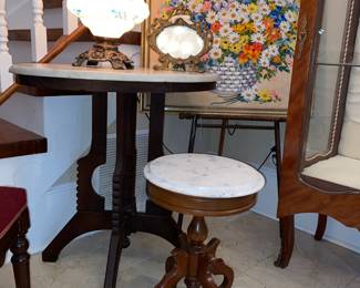 marble top table and plant stand, large needle point