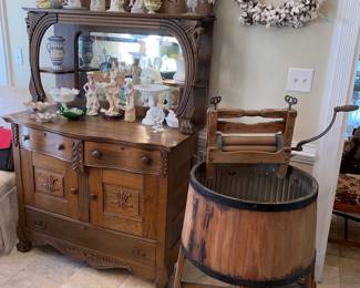 Antique Oak Sideboard with mirror,  Old Washing machine, Cotten wreath
