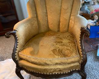Damask rose print, channels, tufted parlor chair 