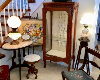 Needlepoint chairs,  Gone with the wind lamp, Antique Empire Clock w/ Key