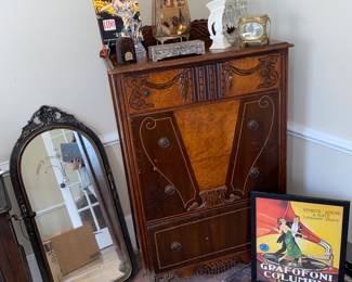 Antique highboy, art nouvue mirror 