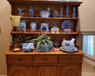 Mid Century Ethan Allen Hutch with Blue & White China