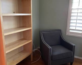 Commercial 4shelf oak bookcase, grey club chair