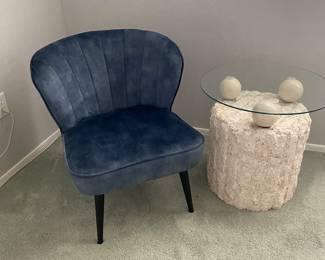 Small blue side chair, cement & glass side table