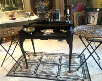 Two round side tables; small wooden black desk