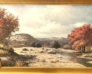 Framed art (copy) by Porfirio Salinas who was an early Texas landscape painter; he was recognized for his depictions of the Texas Hill Country in the springtime. He was one of the first Mexican American artists to become nationally recognized for his paintings.