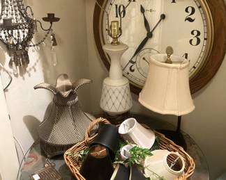Clock, one of two wall sconces, variety of small lamp shades