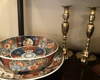 Asian style bowls/plate; brass candlesticks