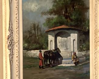 Oil on canvas - "Watering Horses" by P. Frausin (16" x 20")