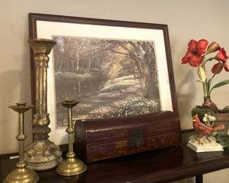 Framed and matted art; candlesticks
