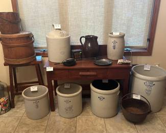 Wooden Stool; Wooden Bucket; Brown Glazed Crock Pitcher; Antique Wooden Bench/ Side Table with Drawer; Owens Illinois 74 #5371 w/ Match Books; Minnesota Apollo Tonka Toaster