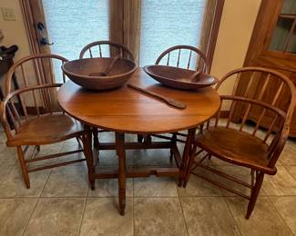 Antique Drop Leaf Round Table with 4 Chairs; Wooden Dough Bowls and Spoons
