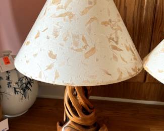 Handmade Wood Carved Lamp with Handmade Shade