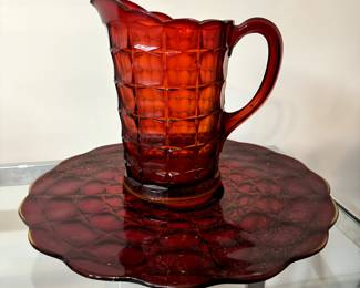 Vintage Ruby Sunset Constellation Pitcher & Plate Tiara Indiana Glass