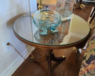 Round Mahogany Drum Table - Hand Etched Decanter - Hand-blown Turtle