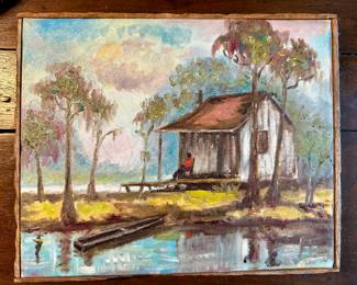 Steele Burden “Cabin Scene” Painting, framed