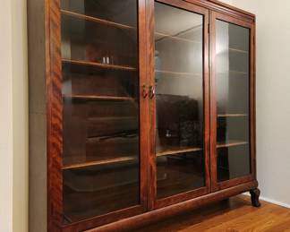Antique Bookcase or Curio Cabinet of Flamed Mahogany $495 or bid #1