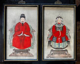 A pair of Antique framed Colorful Hand Painted Chinese Ancestral Portraits!