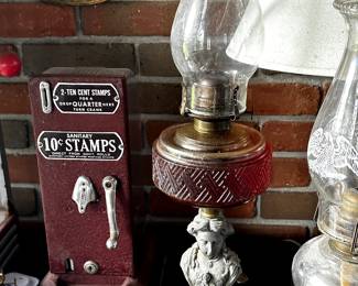 MANY Vintage and Antique Oil Lamps! Also, look at that cool Stamp Dispensing Machine! 