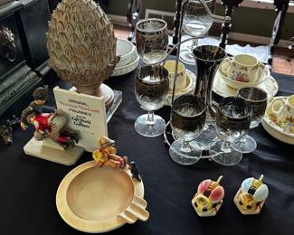A couple of RARE and early Hummel Pieces ~ I love the Ash Tray! "SINGING LESSON! Also, the two little 1950's Anthropomorphic BEE mini Honey Pots on the right are fantastic! Both have their original spoons! AND the Vintage Silver Ombre Wine Carafe set is SO MCM! 
