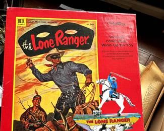 LOTS of Vintage Toys! (More pics to come) This is a Lone Ranger Wind-Up Tin Toy by Schilling C.O.A.