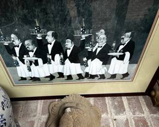 Top view f the lion and a GREAT lithograph of waiters in the back! 