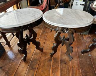 This is a LOVELY pair of 1960's? reproduction Victorian Marble Top End Tables! GREAT carving! Both in excellent condition! Marked Kimball Furniture Reproductions!