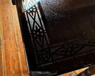 This is a Lovely and Unique table. The top is black marble type material. It has a beautiful pattern around the entire rim and in the center. The wooden table comes complete with 4 chairs! All in GREAT condition! 