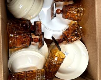 One of DOZENS of boxes of treasures! Here are some mid century modern amber glasses and dishes! 