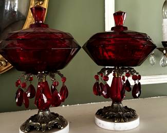 A pair of Vintage Ruby Red Glass Lidded Candy Dishes on Marble Bases! 
