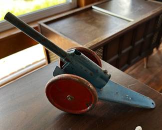 Fantastic Made In England - Vintage Pressed Steel FAIRYLITE Cannon with Adjustable Barrel - Blue with Red Wheels! 