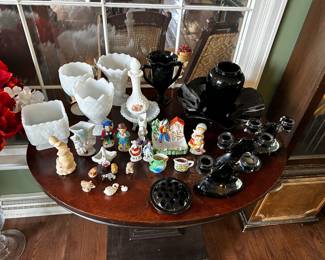 Milk Glass and Black Amethyst Glass. The Black Vase in the middle of the table at the top is Vintage LE Smith! 