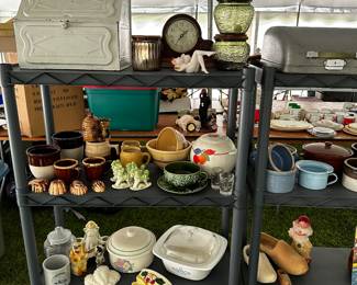 As we unpack the totes and boxes, shelves and table start to fill with excellent vintage items! 
