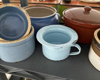 Another shelving unit filled! Lots of great vintage heavy pottery pieces! Usable and decorative! 