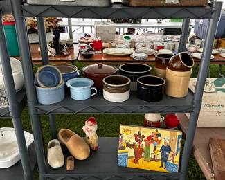 Another shelving unit filled! Lots of great vintage heavy pottery pieces! Usable and decorative! 