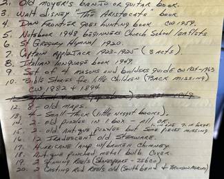 THIS is exactly why we are so excited about this sale! As we are opening totes and boxes...many have a handwritten list of the excellent treasures to be found! 