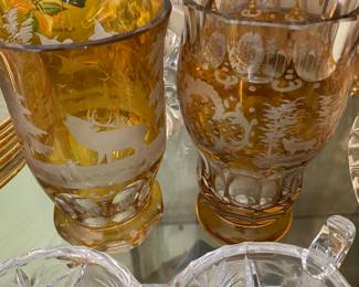  AMBER  STAG AND CUT TO CLEAR GOBLETS