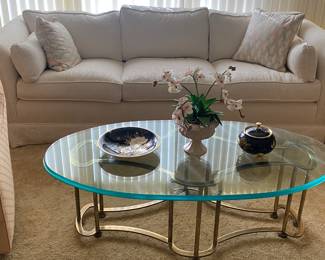BRUSHED BRASS AND GLASS TABLE AND LOVELY SOFA!