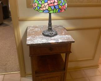 WE HAVE A PAIR OF THESE SOLID OAK MARBLE TOP STANDS (LARGER MATCHING PIECE IN THE BASEMENT)
