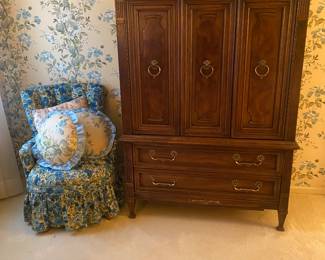 VINTAGE FLORAL SLIPPER CHAIR AND DREXEL WARROBE-MOST USEFUL PIECE OF FURNITURE YOU WILL EVER OWN