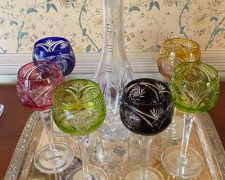 GERMANY/BOHEMIA CUT TO CLEAR CRYSTAL MULTICOLOR WINE SET