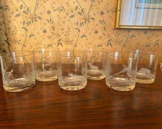 FINELY ETCHED GLASS STAG, DUCK, BOAR WILDLIFE OLD FASHION GLASSES