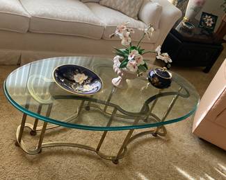 BRUSHED BRASS AND GLASS COFFEE TABLE. VERY "IN" RIGHT NOW!