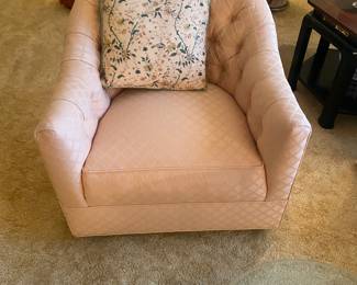 PAIR OF COZY TUFTED SWIVEL CHAIRS