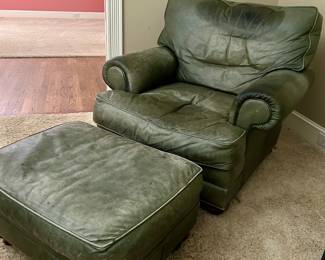 Olive green leather chair & ottoman