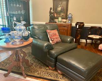 navy leather chair and ottoman by Thomasville