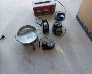 Small appliances-toaster oven red, blender, can opener, electric skillet, chopper