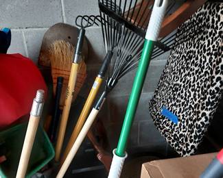 Misc lawn tools and leopard covered chair