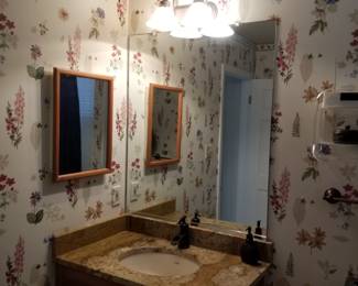 Bath vanity; vanity lights; mirror; medicine cabinet